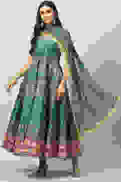 Green Art Silk Flared Kurta Legging Suit Set image number 5