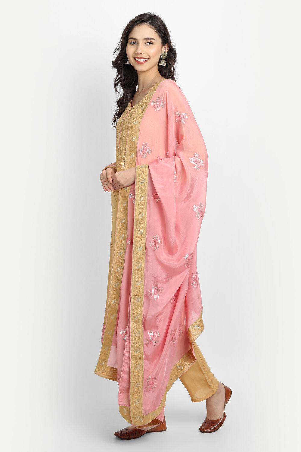 Cream Silk Blend Unstitched Suit Set image number 2