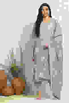 Blue Chanderi Machine Embroidered Unstitched Suit Set image number 1