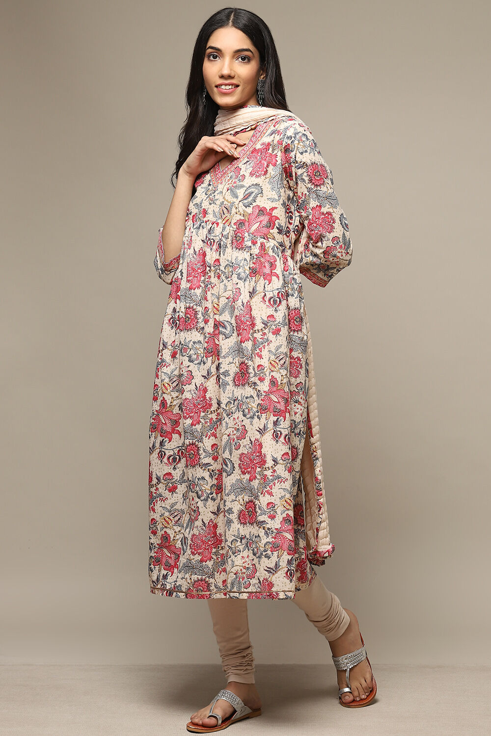 Dull Sea Blue Cotton Gathered Kurta Churidar Suit Set image number 5