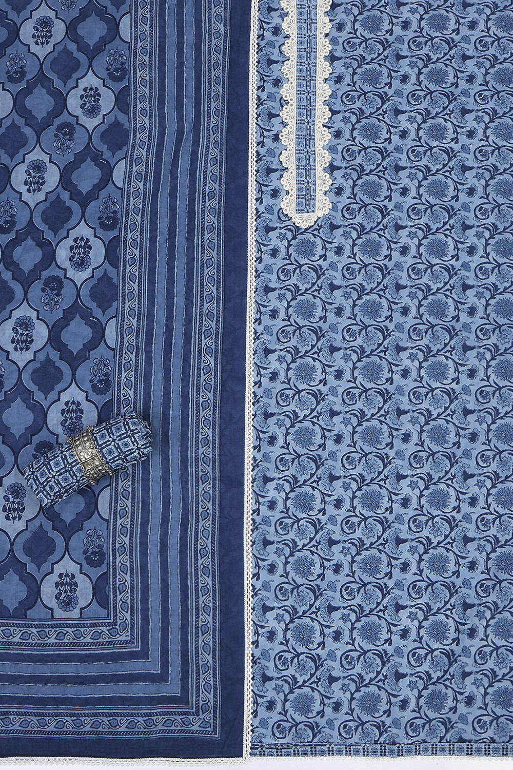 Indigo Cotton Printed Embroidered Unstitched Suit Set image number 1