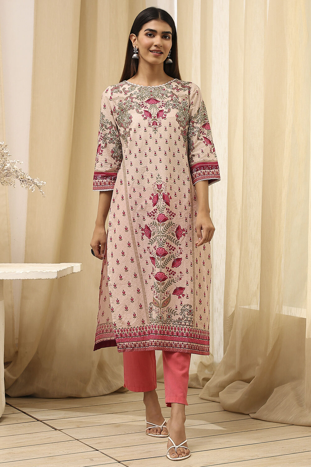 Yellow Cotton Printed Straight Kurta image number 5