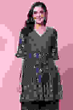 Indigo LIVA Flared Printed Short Kurti image number 0