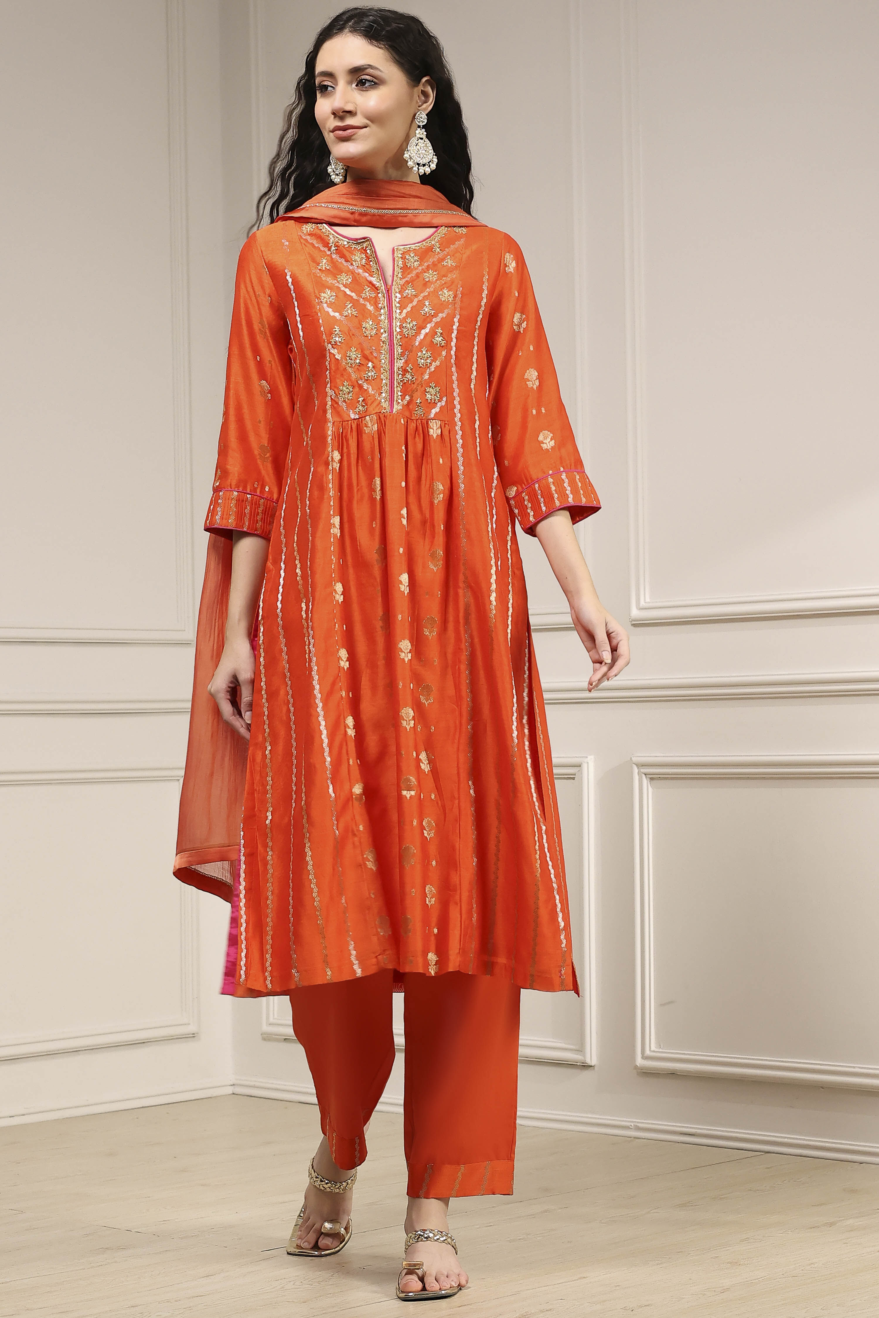 Orange Silk Embroidered Gathered Straight Suit Set image number 6