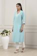 Blue Cotton Lace Trim Straight Kurta image number 2