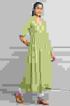 Green Viscose Rayon Flared Kurta Pants Set image number 5