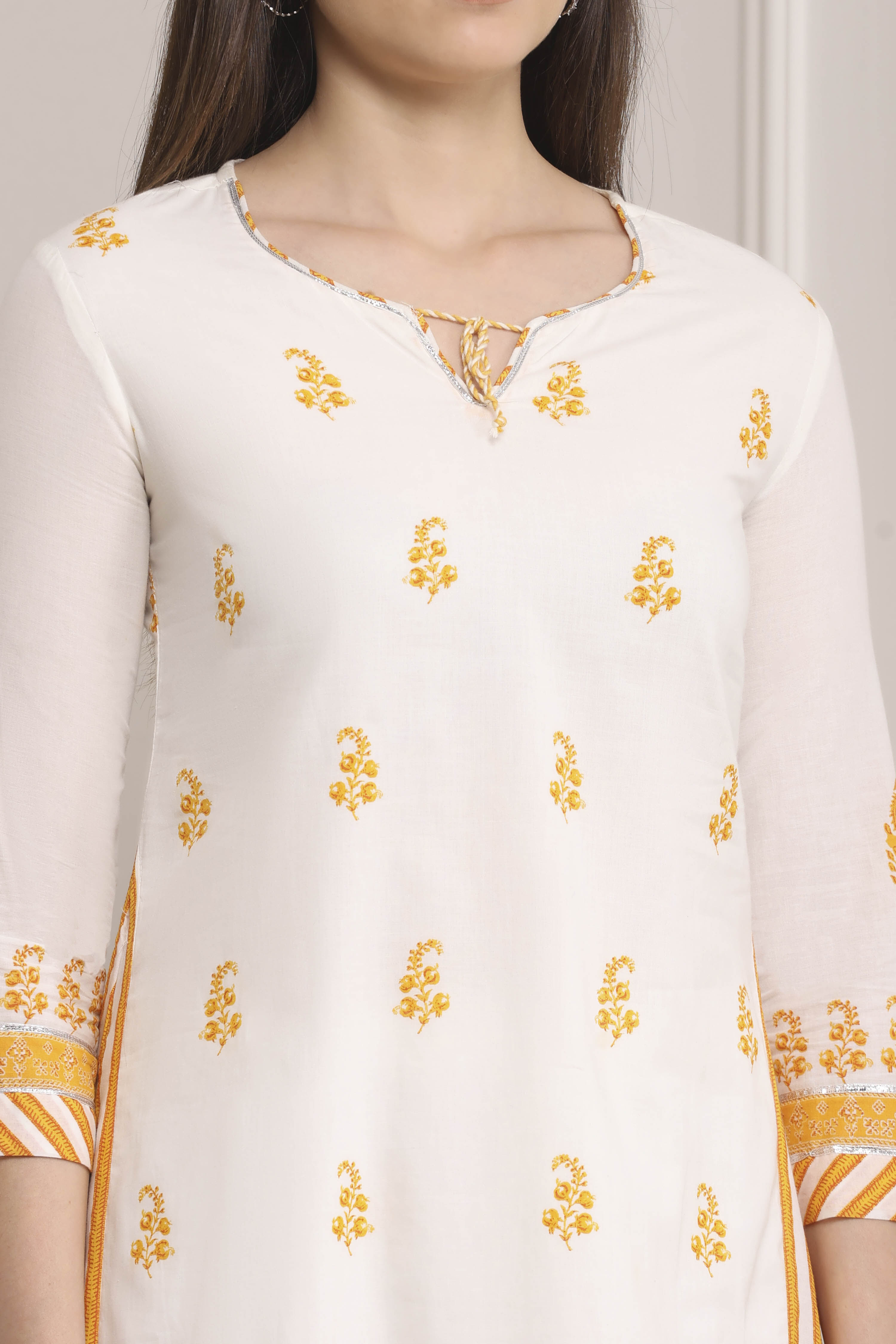 White-Yellow Cotton A-Line Kurta Pants Set image number 1