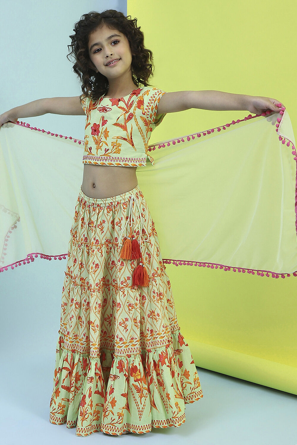 Lime Green Cotton Printed Lehenga Set image number 7