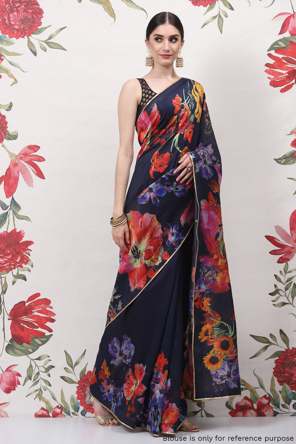 Indigo Cotton Silk Printed Saree image number 1