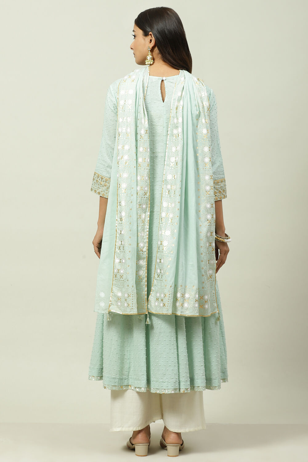 Sea Green Cotton Flared Kurta image number 4