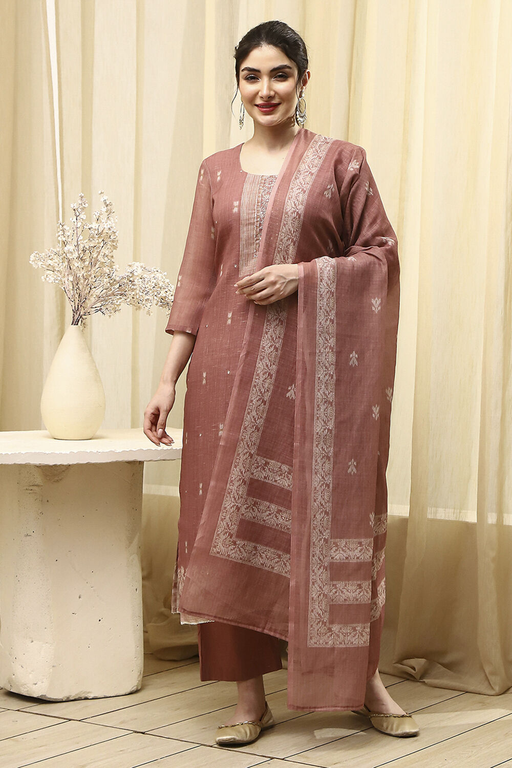 Coral Cotton Printed Embroidered Unstitched Suit Set image number 7