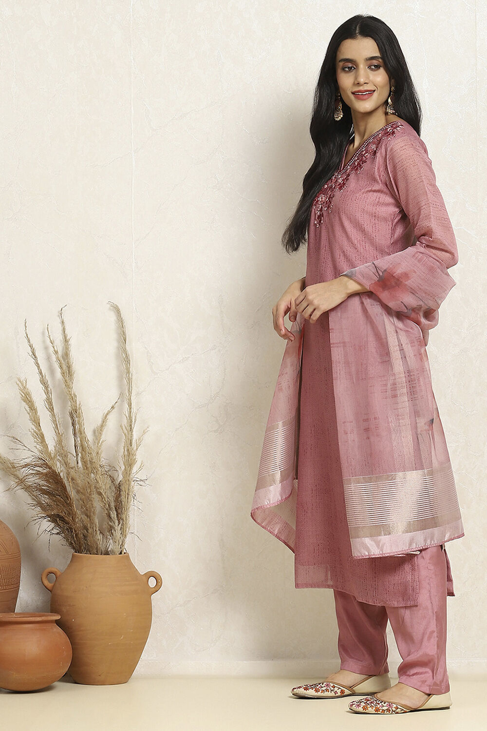 Pink Chanderi Hand Embroidered Unstitched Suit Set image number 4