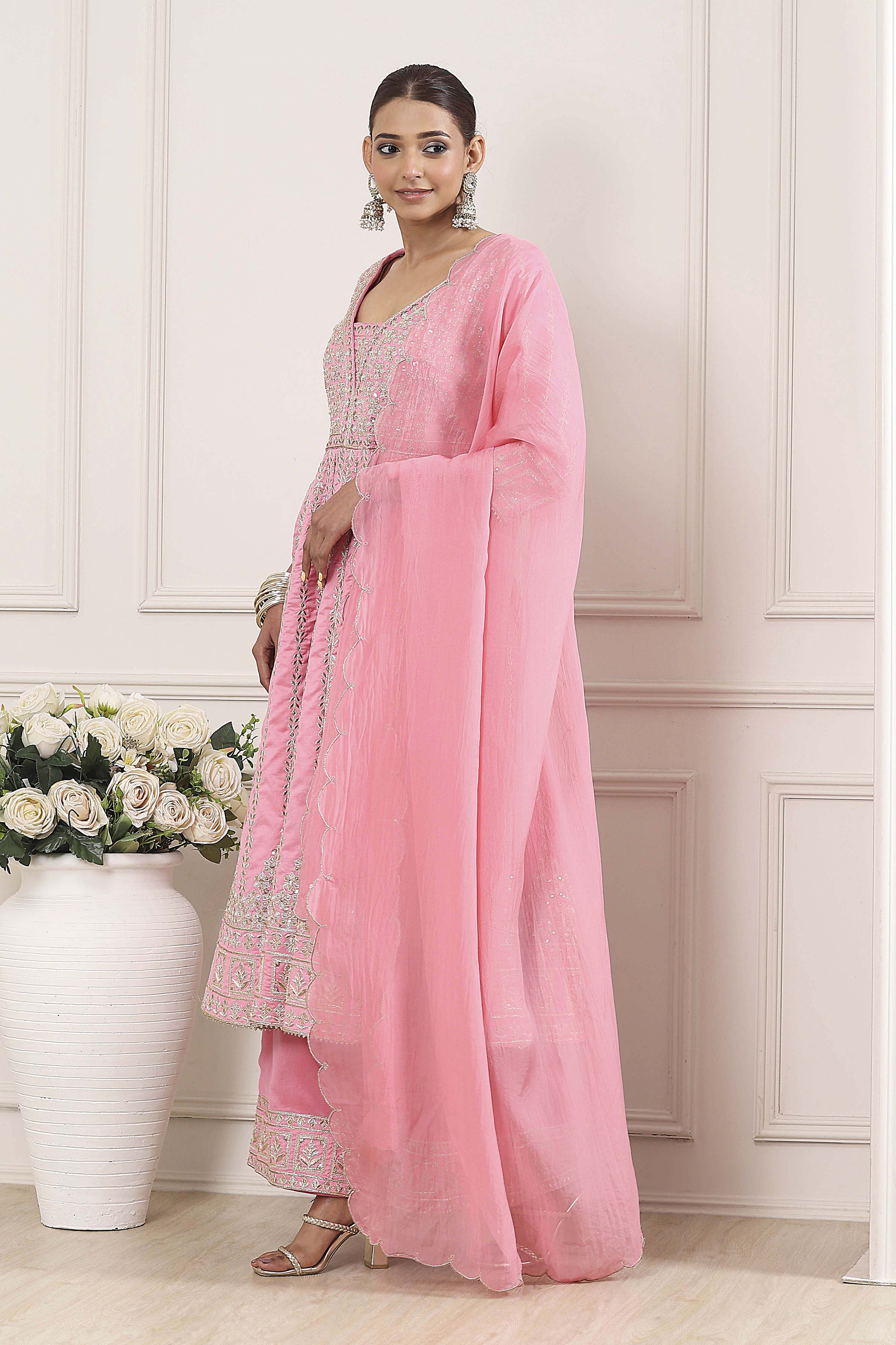 Rose Pink Cotton Silk Anarkali Suit Set image number 3