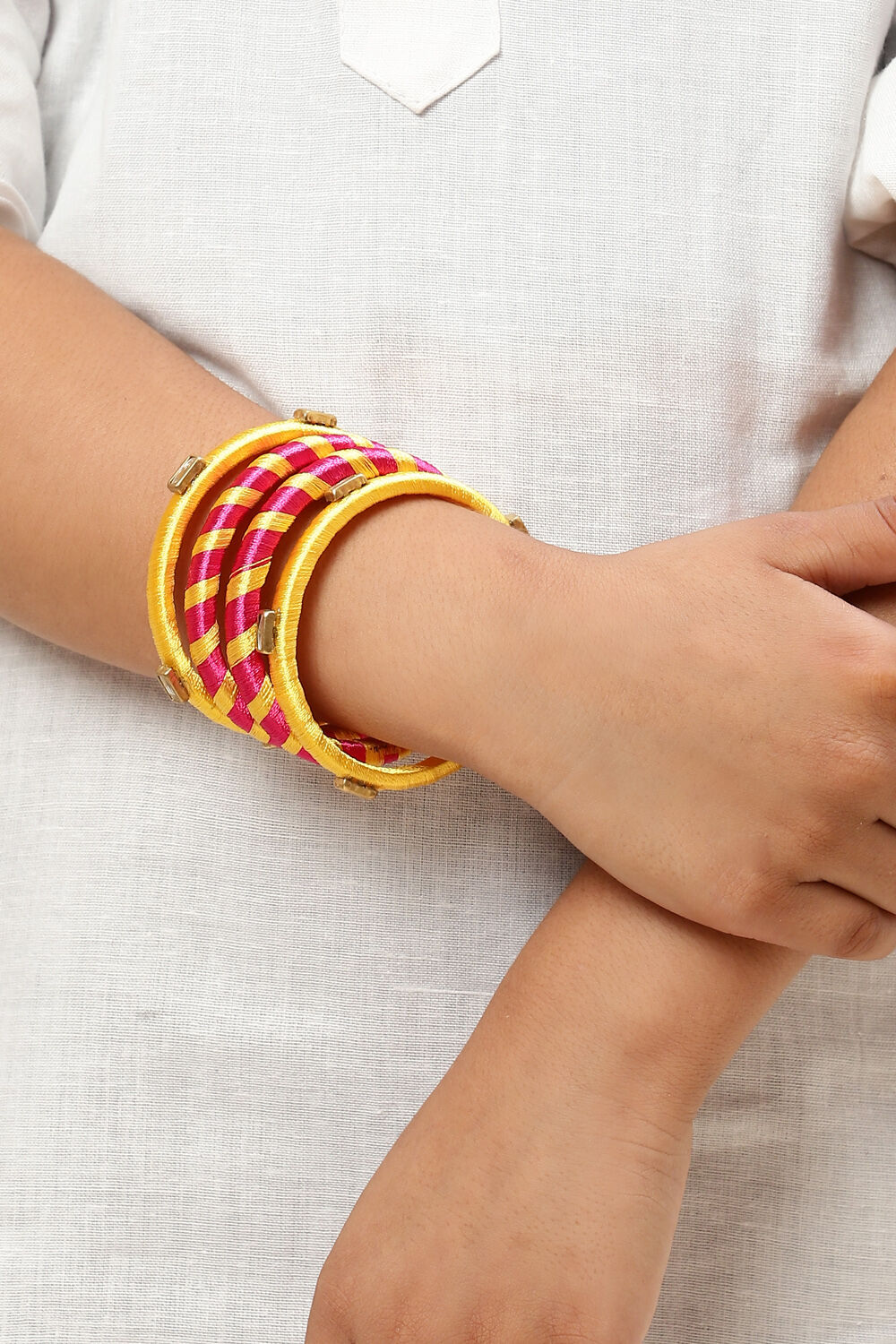 Dark Pink Mustard Yellow Plastic Thread Kids Bangles image number 2