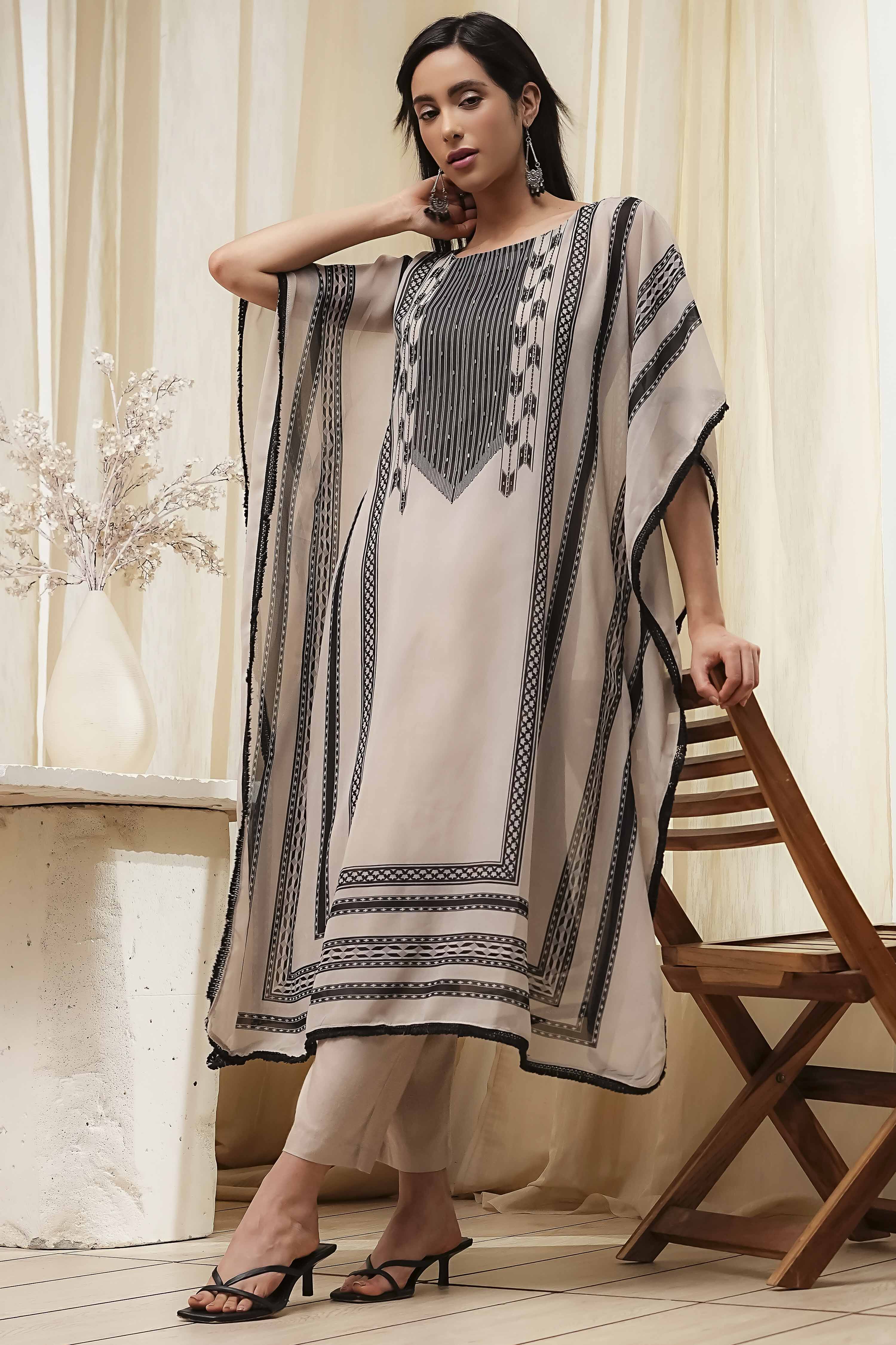 Beige and Black Printed Kaftan-Style Kurta Set image number 0