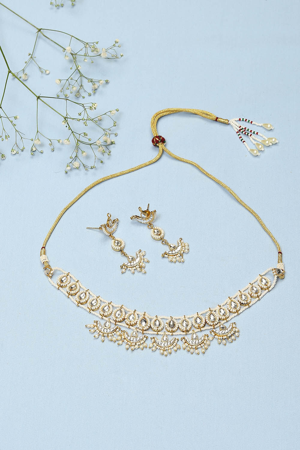 Gold Pearl Brass Necklace Set image number 0