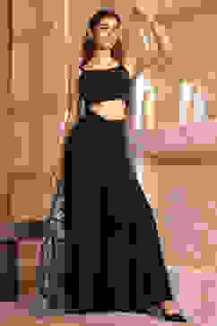 Black Poly Georgette Fitted Embroidered Fusion Set image number 0