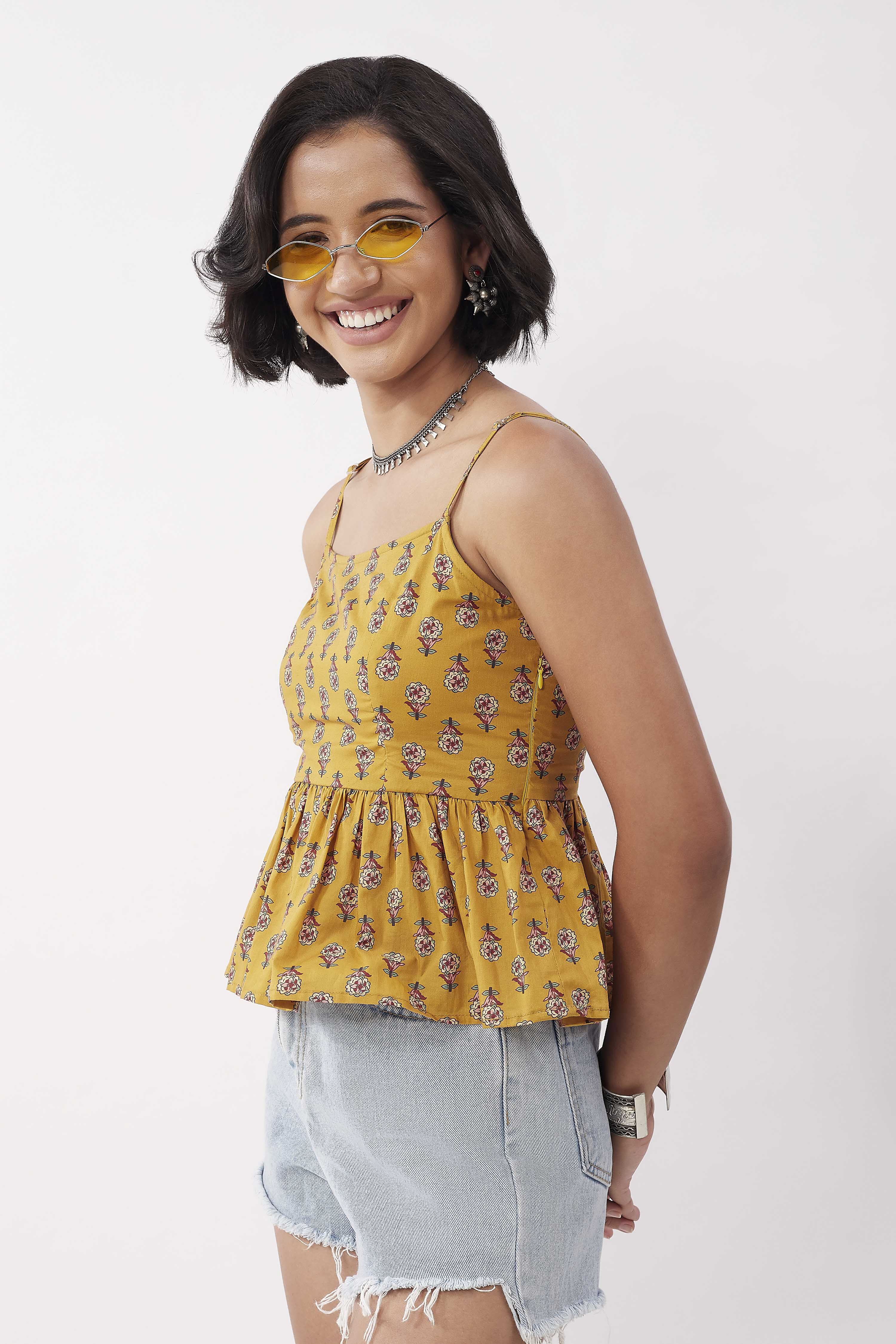 Mustard Cotton Floral Tie-Up Back Top image number 2