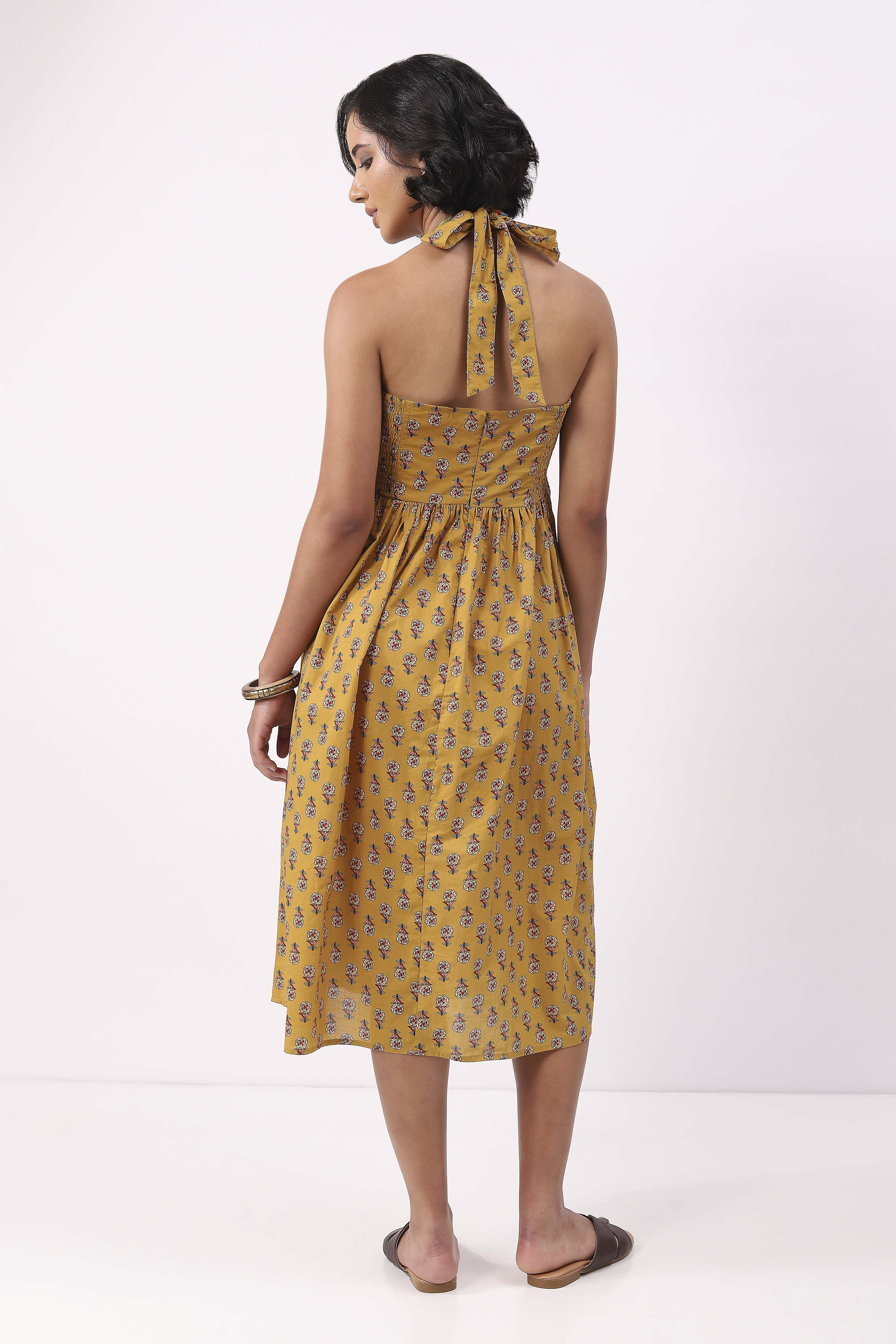 Yellow Cotton Floral Lace-Up Midi Dress image number 2