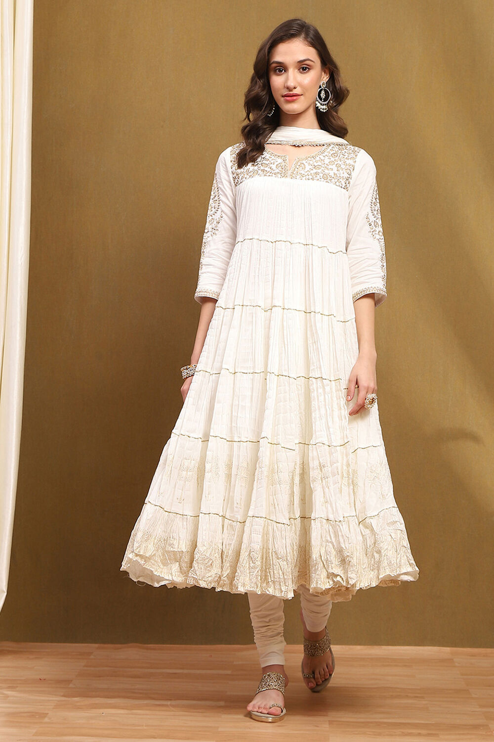 White Cotton Embroidered Tiered Anarkali Suit Set image number 0