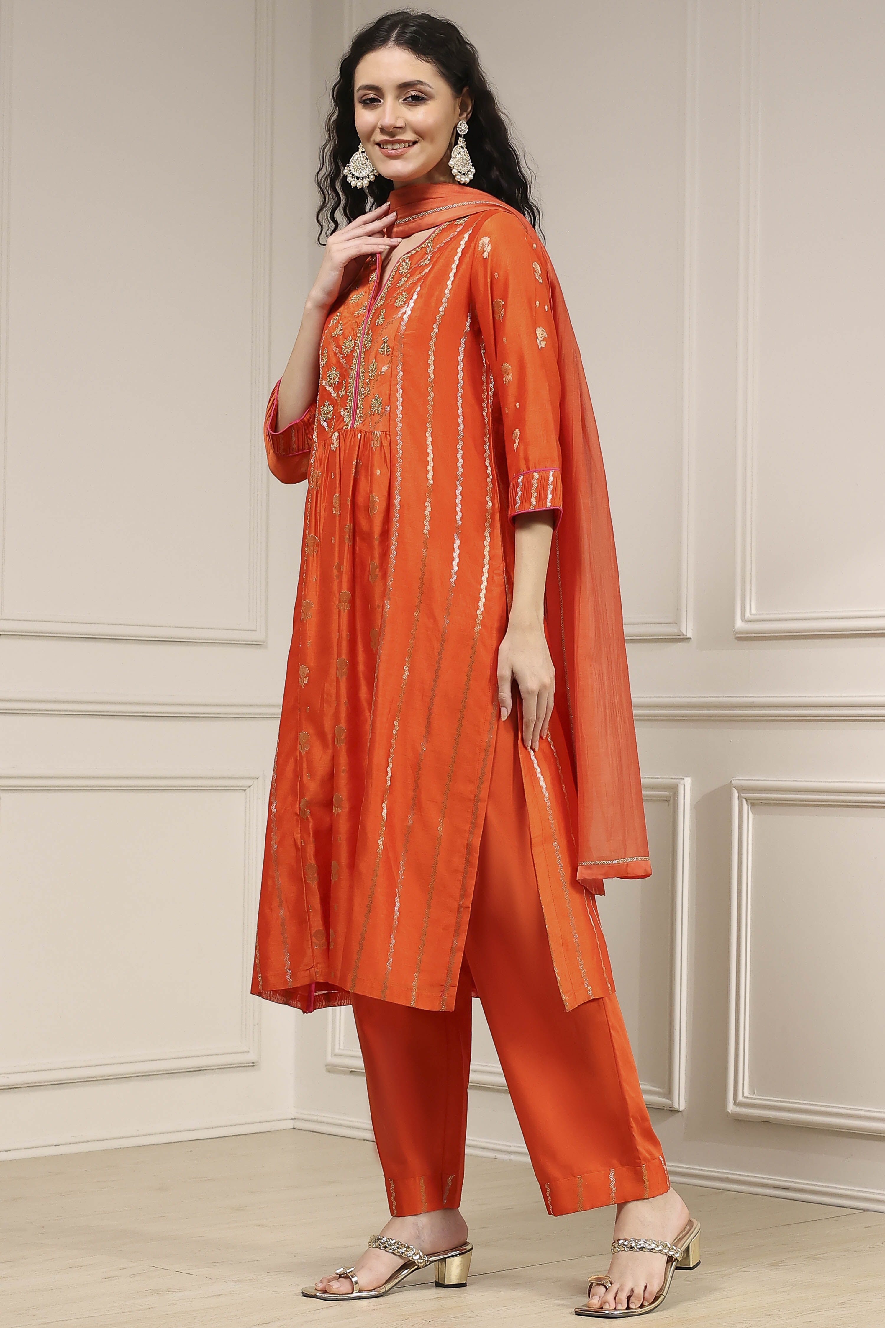 Orange Silk Embroidered Gathered Straight Suit Set image number 3