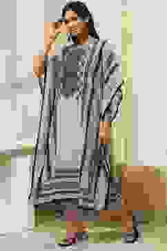 Beige and Black Printed Kaftan-Style Kurta Set image number 4