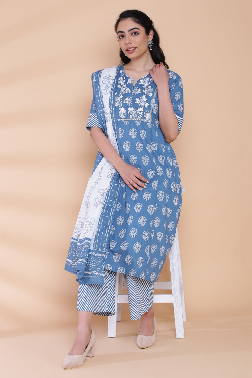 Blue Cotton Kalidar Kurta Palazzo Suit Set image number 6