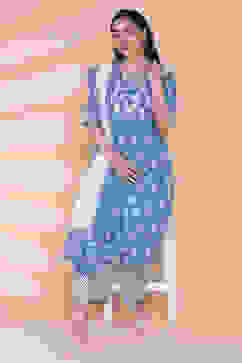 Blue Cotton Kalidar Kurta Palazzo Suit Set image number 6