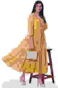 Mustard Art Silk Fusion Dress image number 5