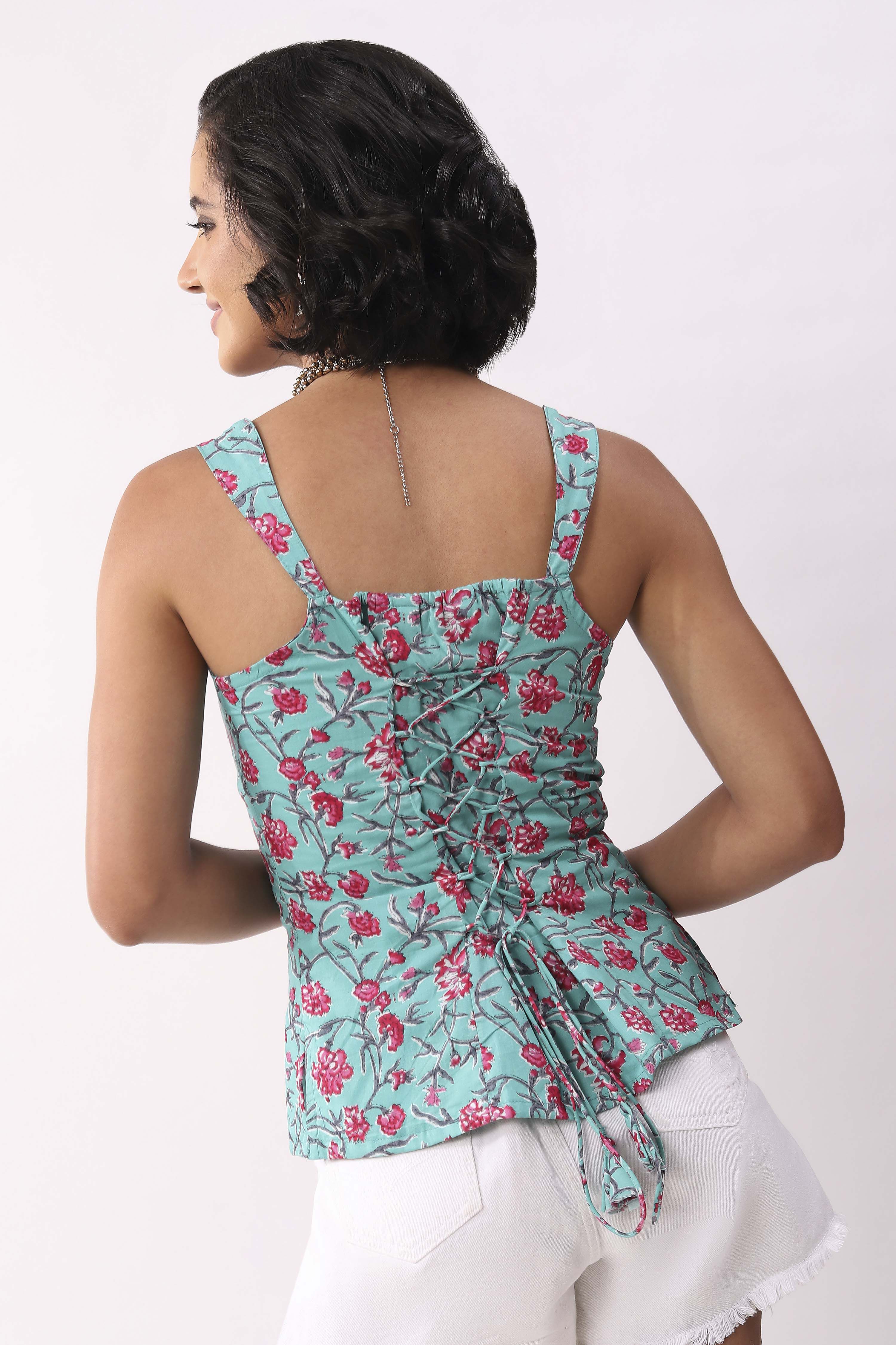 Turquoise Cotton Floral Tie-Up Back Strappy Top image number 2