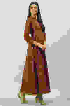 Brown Cotton Flared Printed Dress image number 3