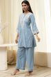 Blue Cotton Embroidered Straight Kurta Set image number 3