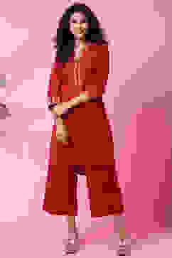 Red Cotton Flax Straight Kurta Pants Set image number 0