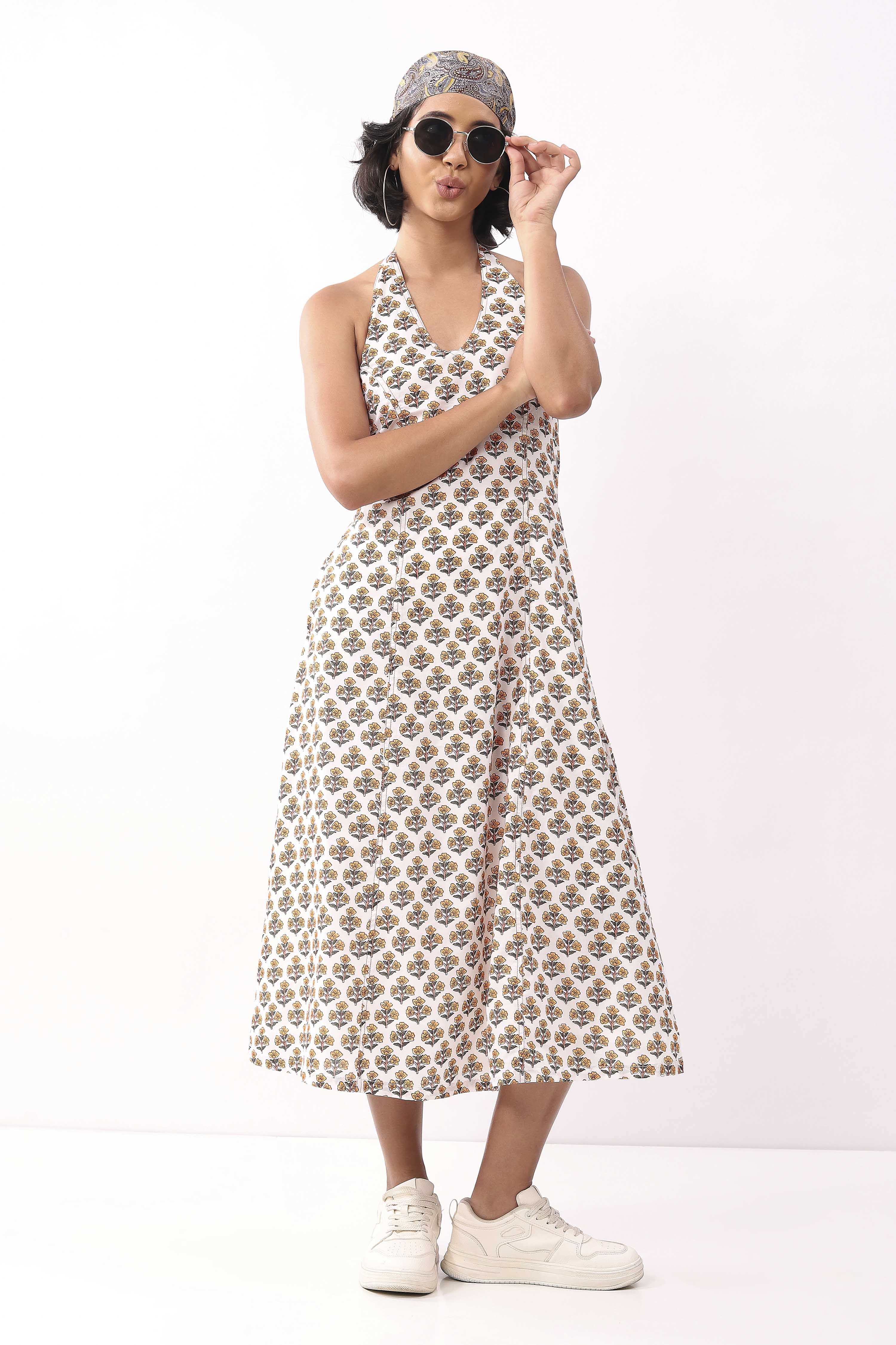 Ivory Cotton Floral Tie-Up Midi A-Line Dress image number 0