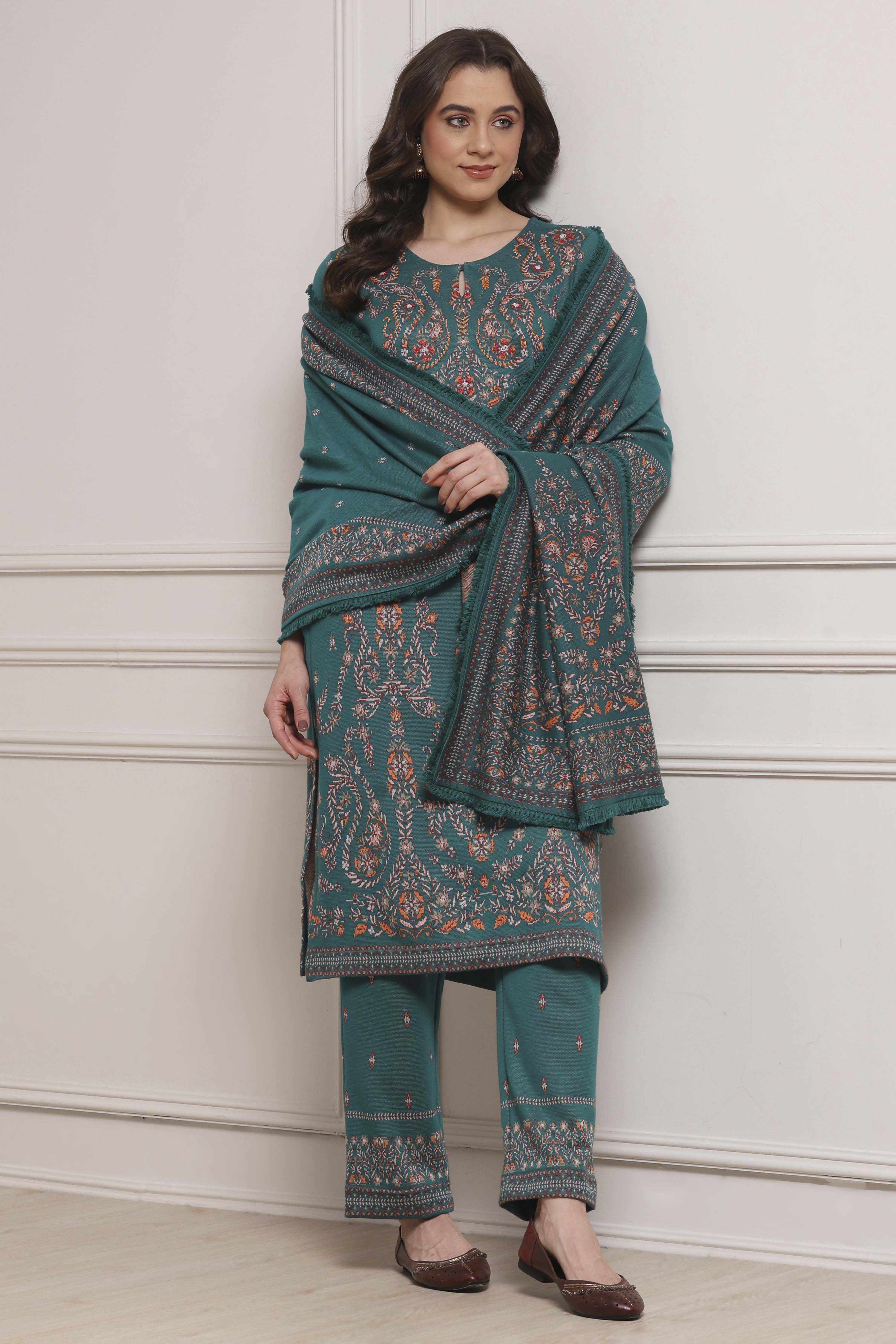 Ivory Printed Straight Winter Suit Set image number 0