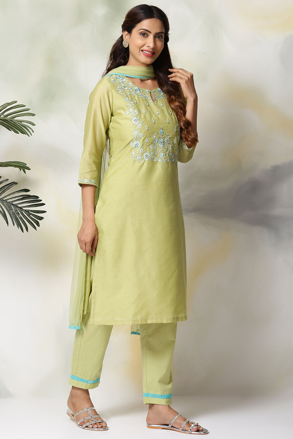 Sea Green Cotton Blend A-Line Kurta Pants Suit Set image number 6
