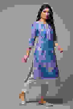 Blue Cotton Straight Printed Kurta image number 4