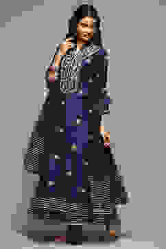 Navy Cotton Blend Layered Kurta Churidar Suit Set image number 6