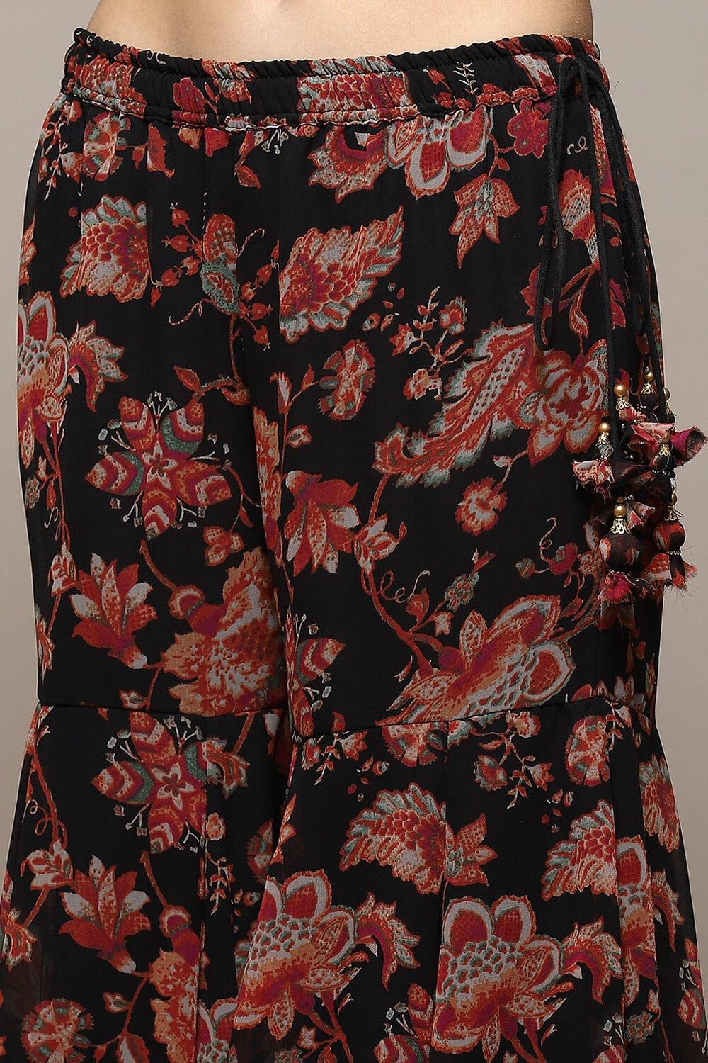 Black Floral Printed Flared Kurti & Garara Suit Set image number 2