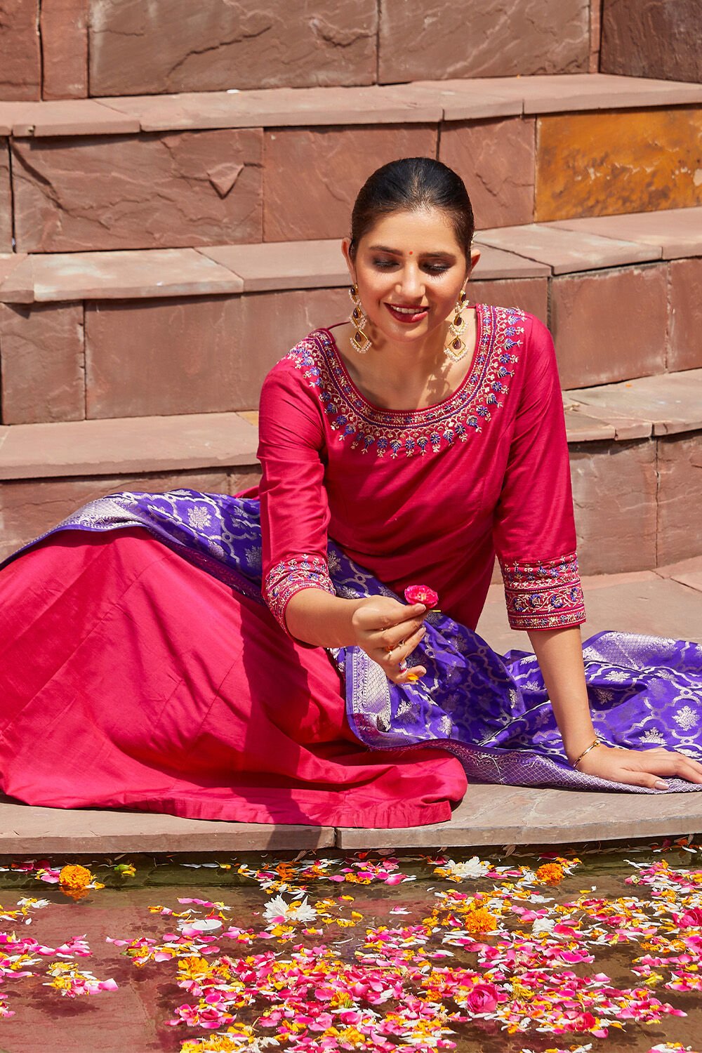 Rani Poly Viscose Anarkali Yarndyed Kurta Churidar Suit Set image number 0