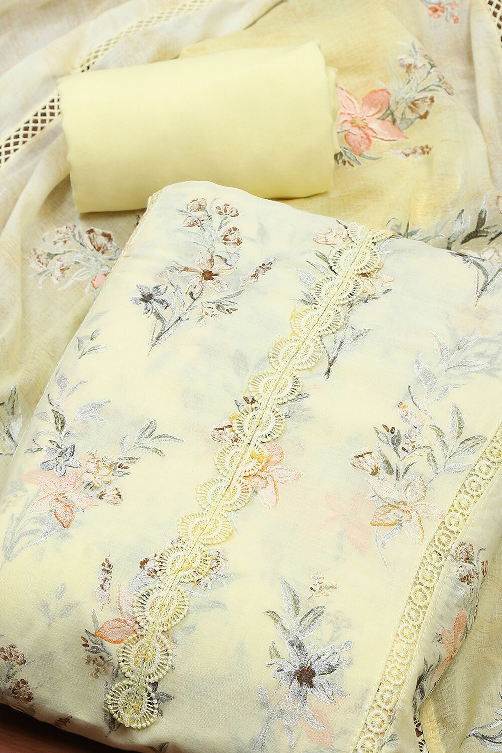 Yellow Cotton Printed Unstitched Kurta Set image number 1