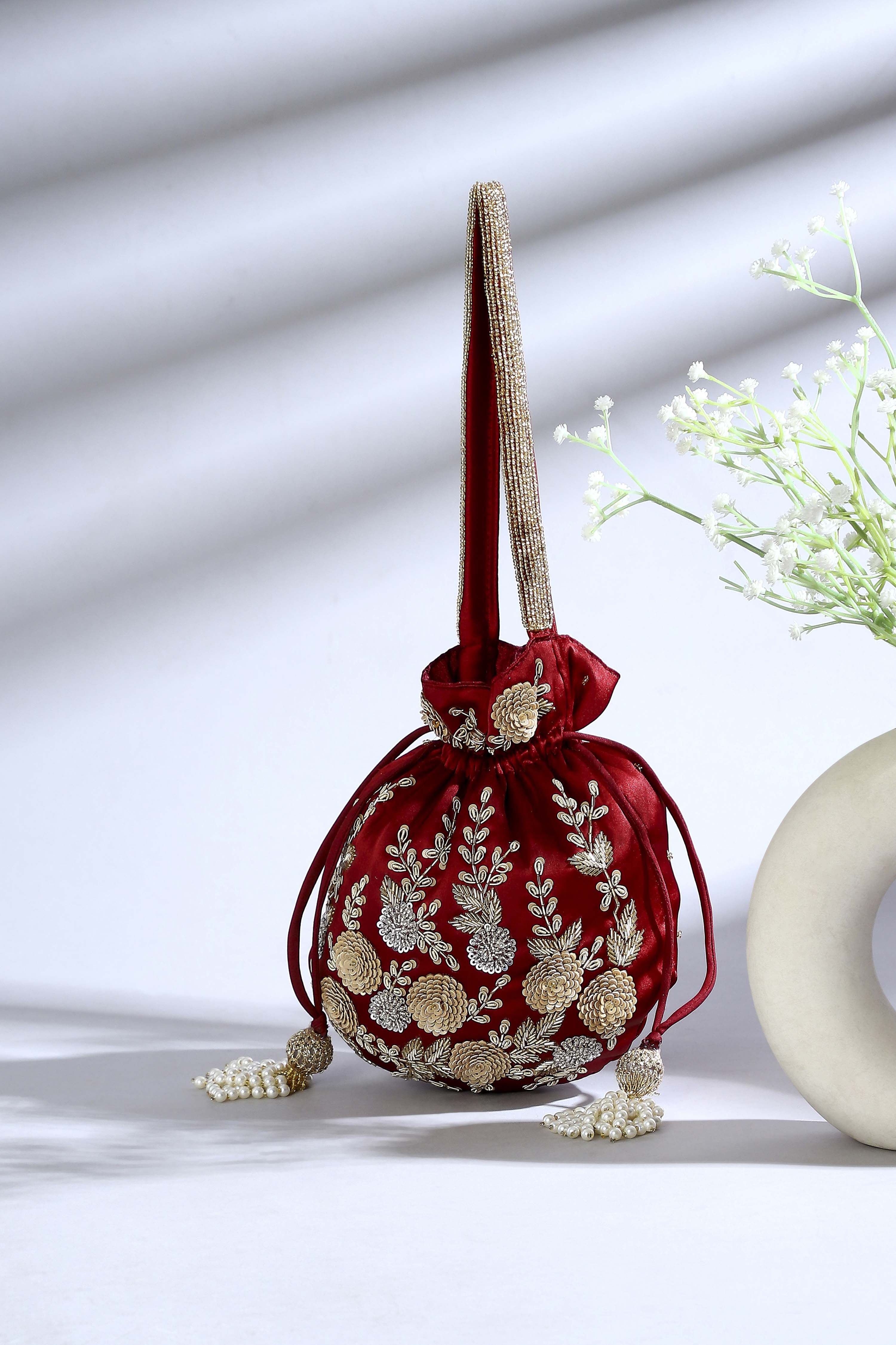 Maroon Fabric Potli Bag image number 0