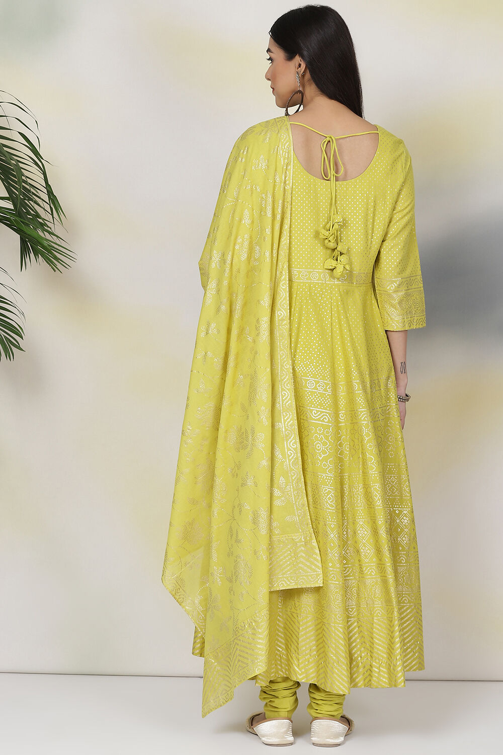 Lime Green Cotton Anarkali Kurta Churidar Suit Set image number 7
