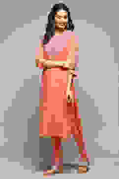 Orange Cotton Blend Flared Yarndyed Kurta image number 0