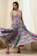 Turquoise Cotton Floral Printed Tiered Dress image number 0