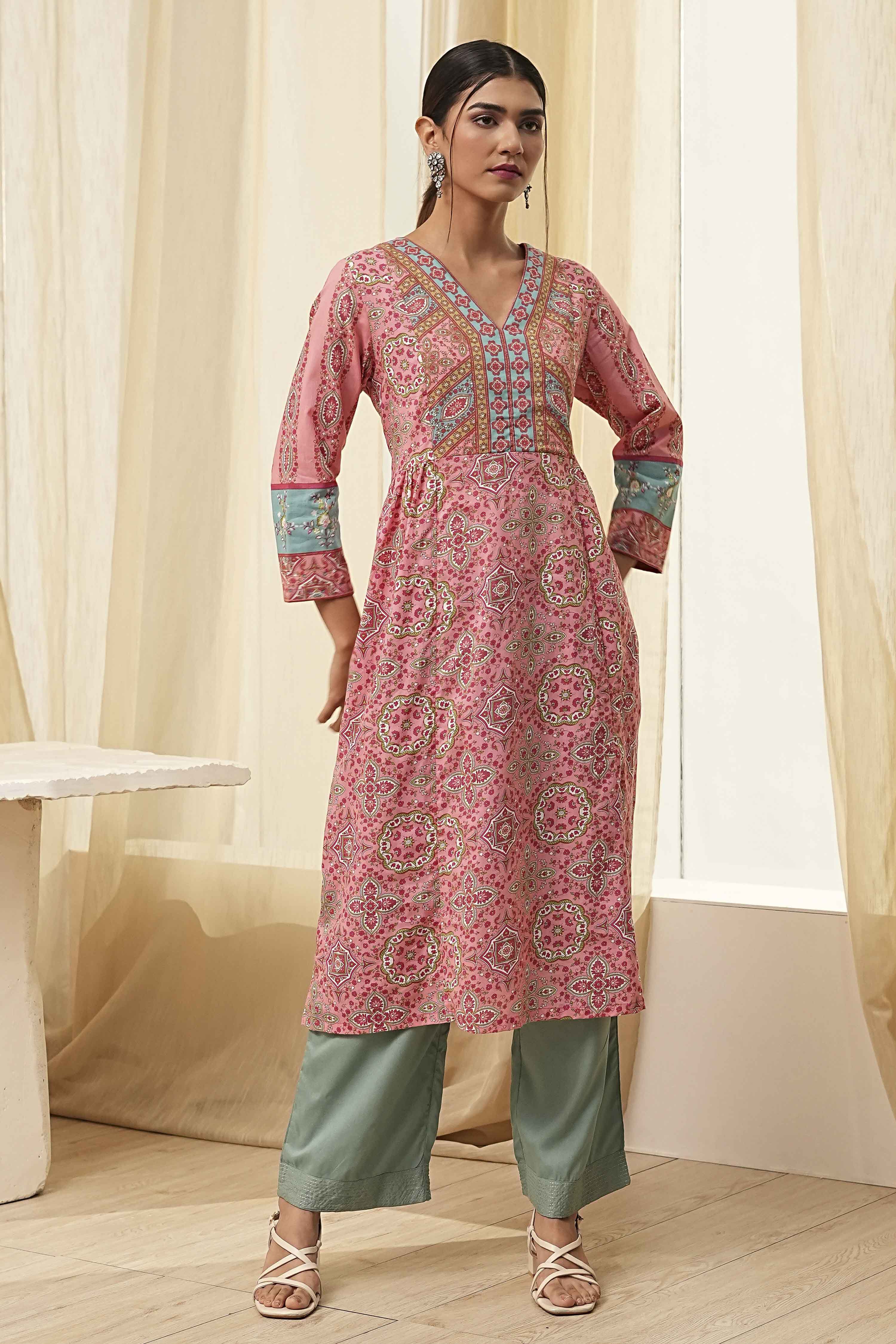 Pink Pure Cotton Printed A-Line Kurta image number 5