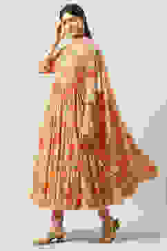 Peach Cotton Flared Kurta Churidar Suit Set image number 5