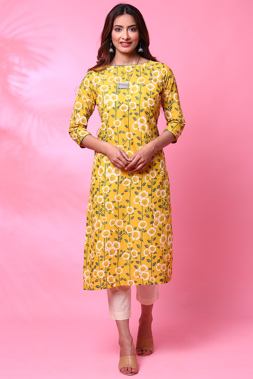 Mustard Cotton Straight Printed Kurta image number 3