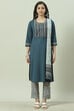 Blue Straight Kurta Regular Pants Suit Set image number 6