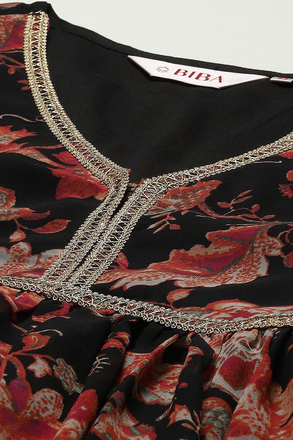 Black Floral Printed Flared Kurti & Garara Suit Set image number 1